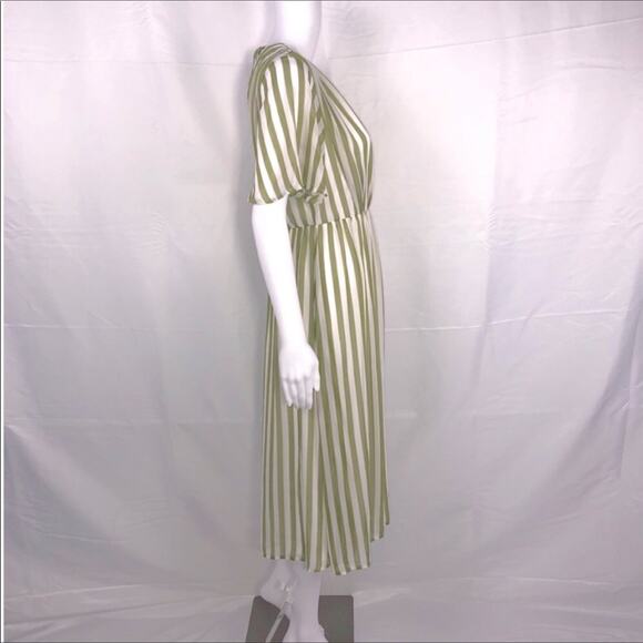 SMY MuMu Cream Olive Green Stripes V-Neck Short Sleeves Midi Dress SzM NWT - Picture 11 of 16